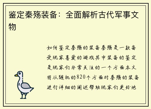 鉴定秦殇装备：全面解析古代军事文物